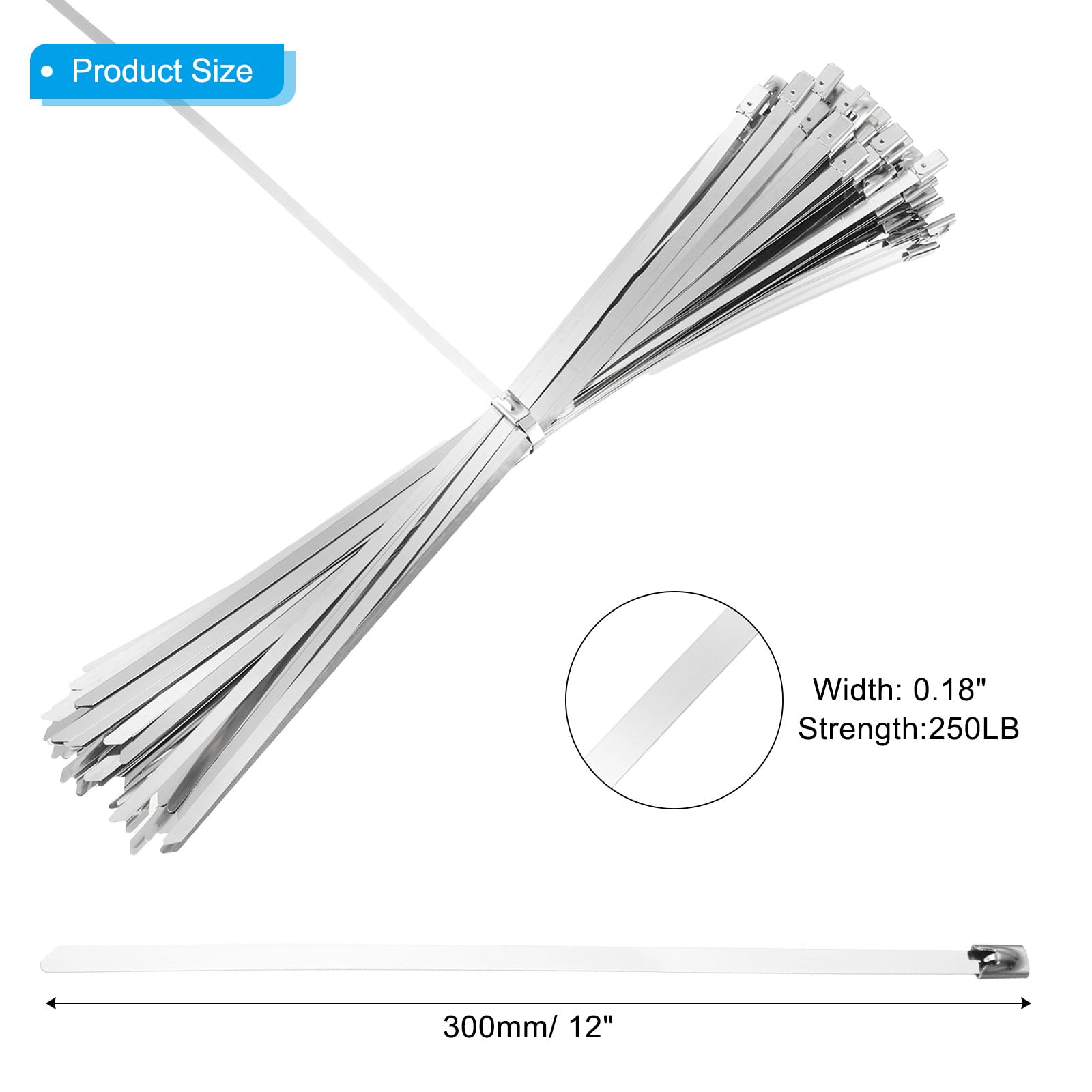 PATIKIL Metal Zip Ties 100 Pcs, 12 Inch Heavy Duty 304 Stainless Steel Self-Locking Cable Ties - Image 2
