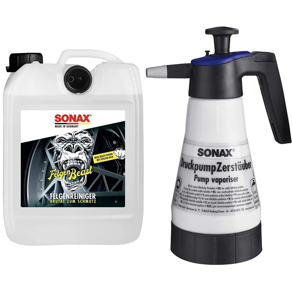 SONAX FelgenBeast entfernt selbst biestige Verschmutzungen & DruckpumpZerstäuber für saure/alkalische Produkte zum bequemen Aufbringen von säure- und alkalienhaltigen Reinigungs- und Pflegemitteln