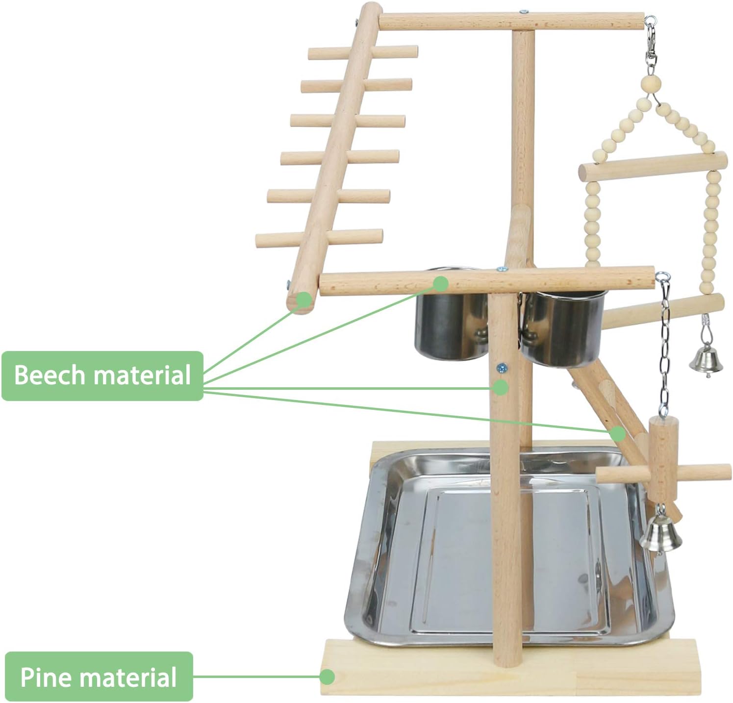 Parrot Playstand Bird Playground Birdcage Wood Perch Stand Ladder Swing with with Feeder Cups Birds Play Gym Cockatiel Playground Include Hanging Bell Swing Ladders