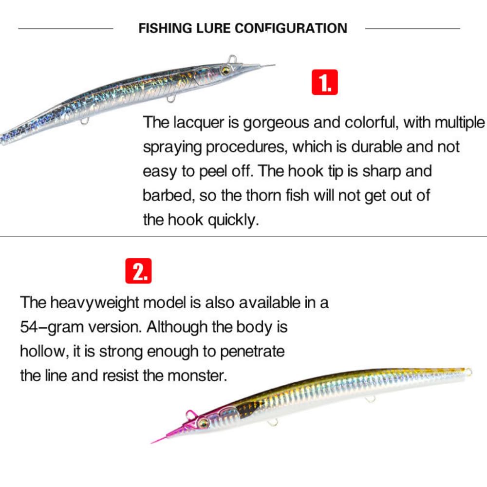 Atlantic Needlefish Jerkbait coulant avec hameçons triples pour la pêche en mer (18 cm, 64 g, 6 options de couleur)