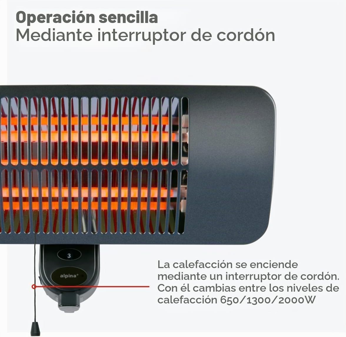 alpina Calefactor por infrarrojos - colgante para terraza 2000 W - 3 niveles de calefacción - para terraza protegido contra salpicaduras IP34 con lámpara de infrarrojos