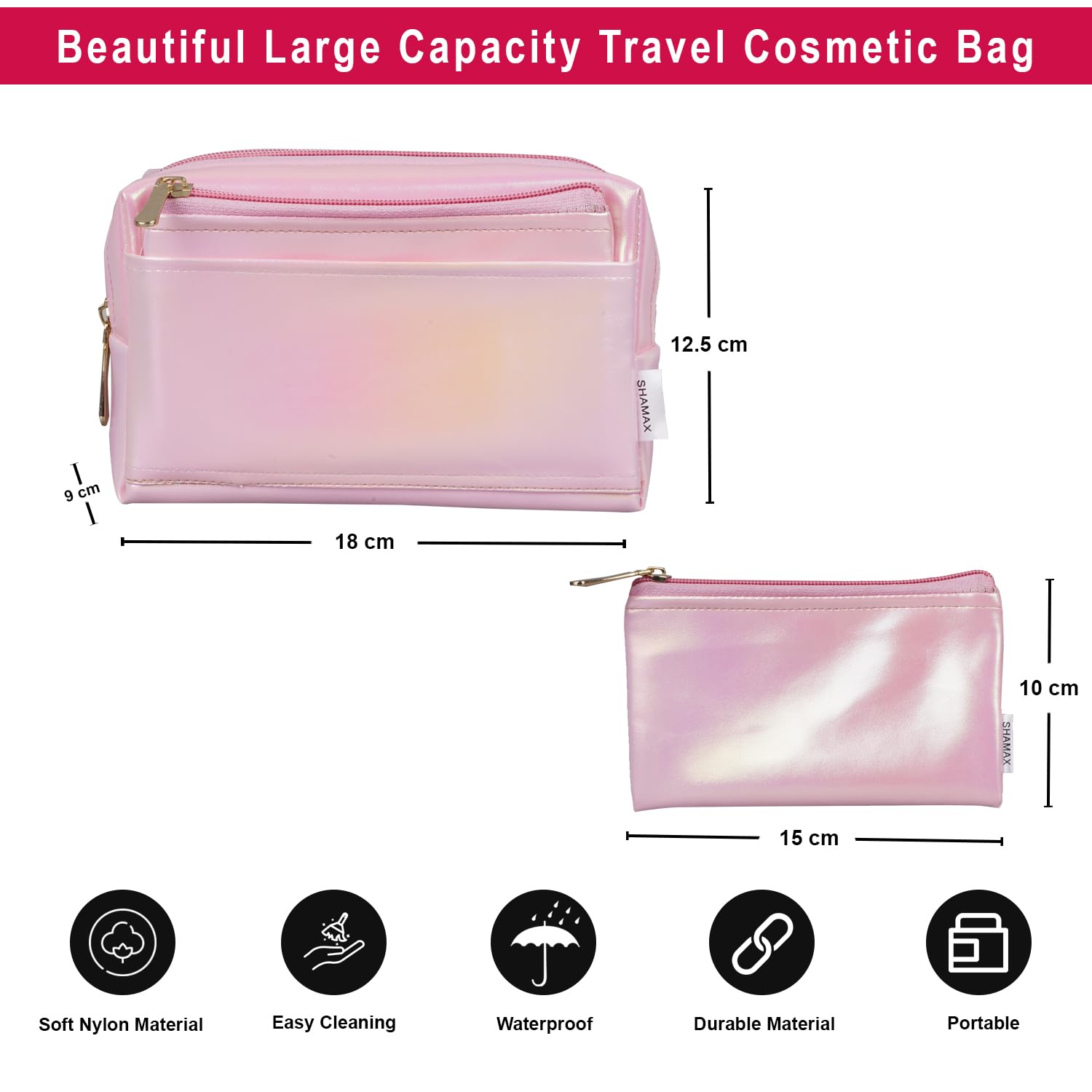Shamax® Pouches, Makeup Organizer, Cosmetic Travel Organizer Pouch,Zipper Closure Portable Makeup Pouch, Stationery Bag for Students Girls Adults Office with Pockets, Toiletry Bag(Pack of 2) (Pink) 2