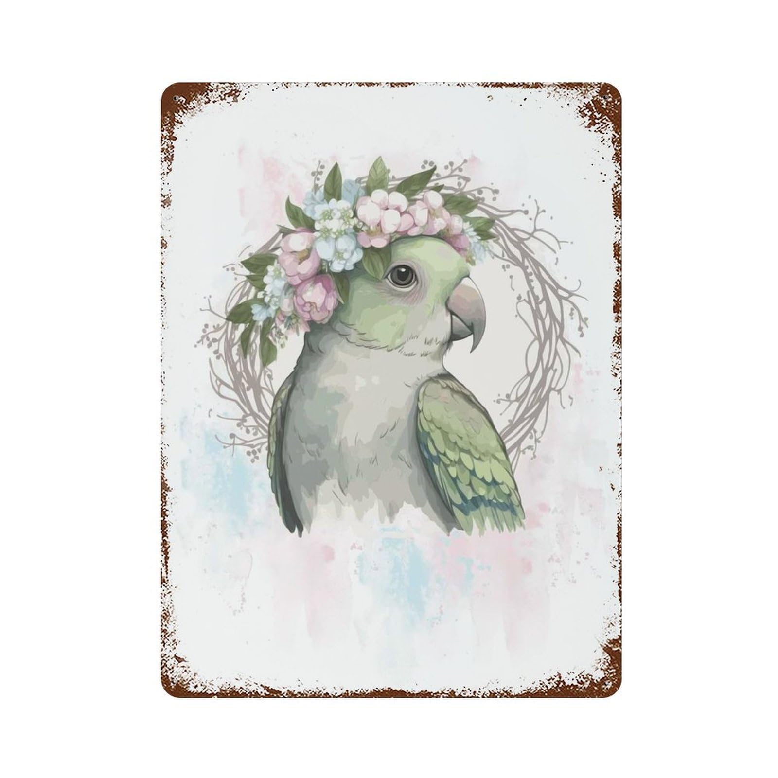 Flora Monk Parakeet Art Rust Effect Tin Sign 15.7"x11.8", Industrial Home Decor for Basement, Hobby Room And Garage Decor