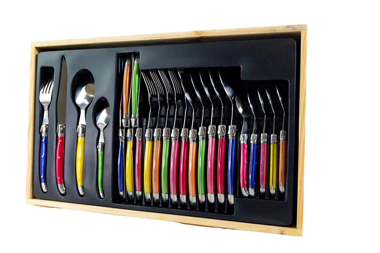 Pradel Excellence - I7214P - Ménagère Laguiole 24 Pièces - 6 Couteaux, 6 Fourchettes, 6 Cuillères à Soupe, 6 Cuillères à Café - Lames Inox - Manches ABS Pastel - Coffret Bois Élégant