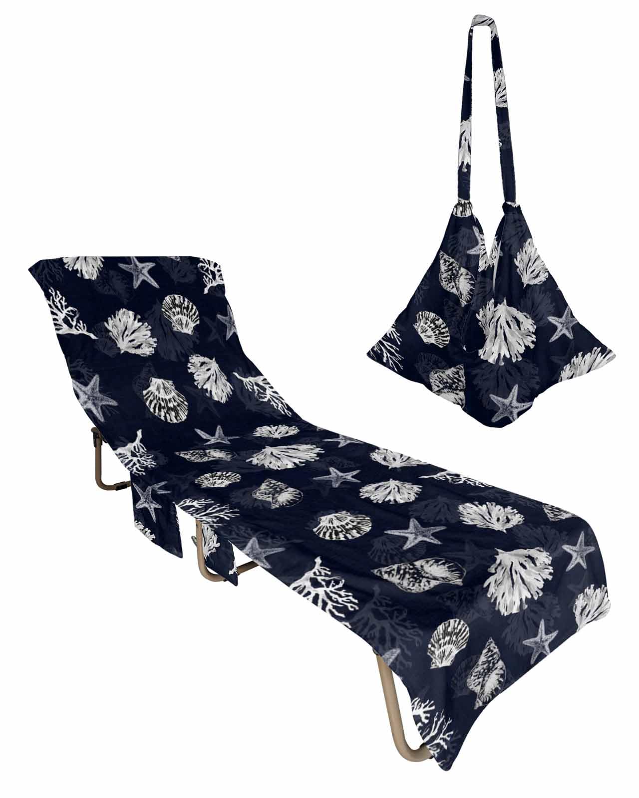 Navy Blue Coastal Beach Lounge Chair Towel Cover, Soft Chaise Lounge Towel with Side Pockets Patio Pool Chairs Cover for Beach/Pool Sunbathing 29x85 Nautical Ocean Beach Coral Shell