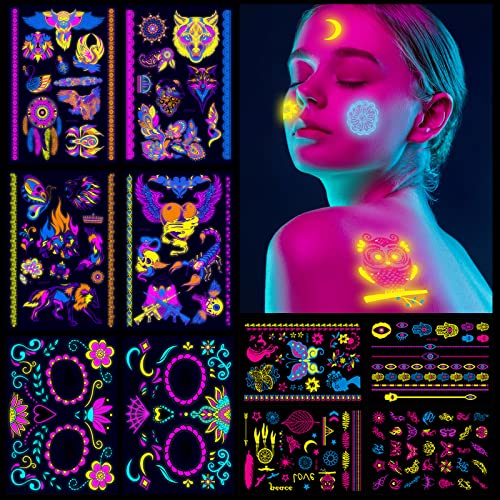8 feuilles grandes Halloween Néon Tatouages Temporaires UV néon corps visage tatouage ephemere tatouage Imperméables Paillettes bras poignet body tattoo Sticker Tatouages éphémères pour femmes homme Cover
