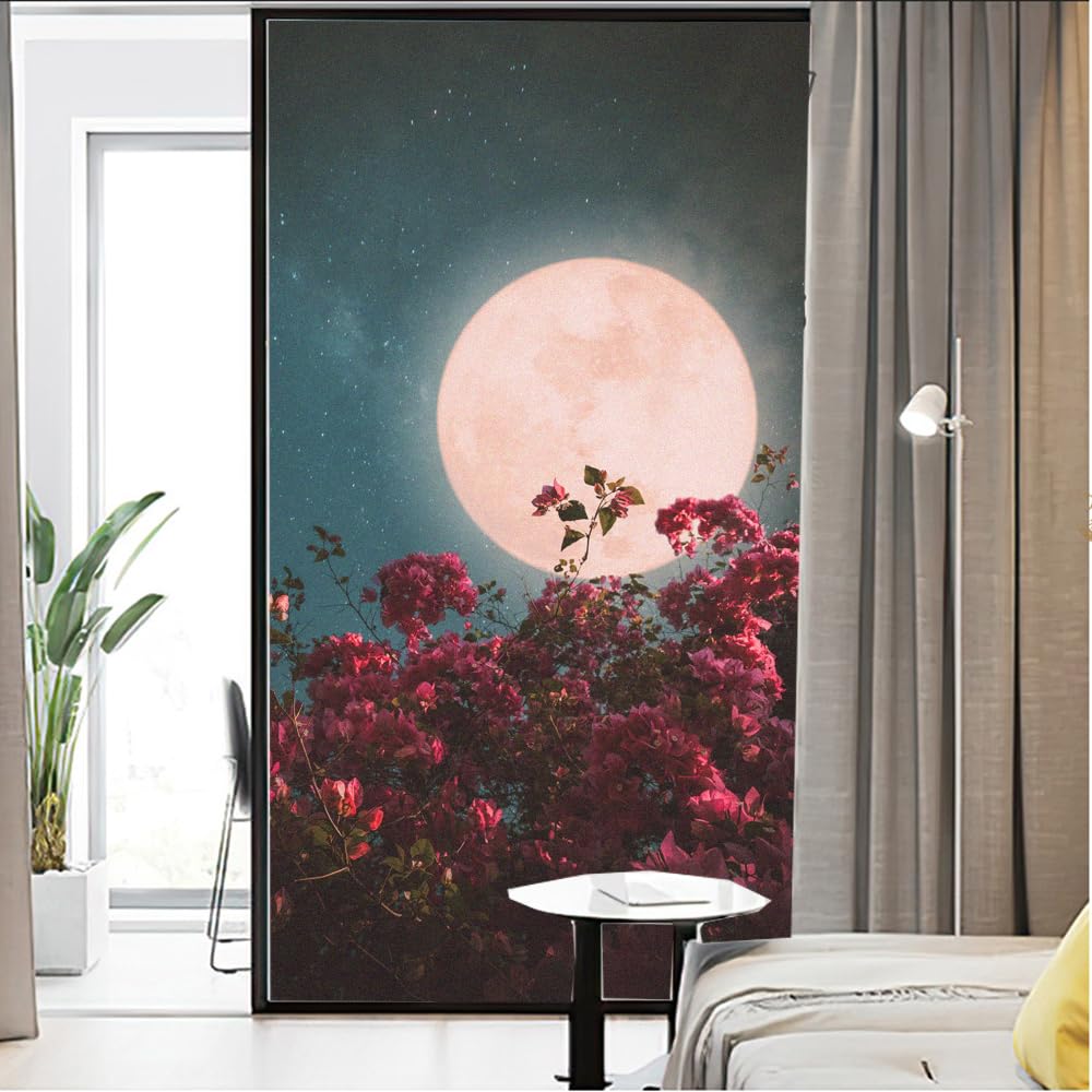 Privacy Window Film Moon Raise Scenery Stained Glass Static Cling Window Treatments Window Coverings Glass Sticker Decorative Film for Siding Glass Door Home Decor 15.7"x55.1"(40x140cm)