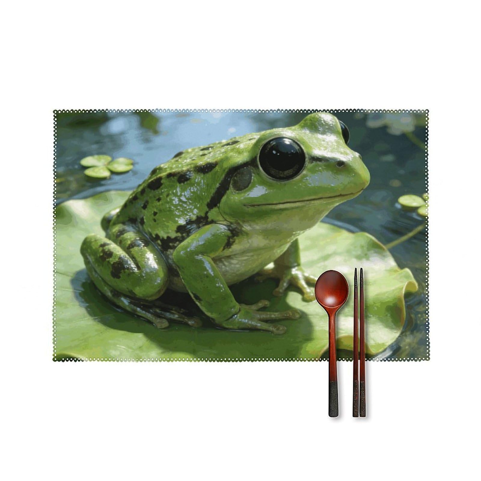 Frog Placemats Set of 6, 12x18 Inch Heat Resistant Washable Canvas Table Mats, Stain Resistant Decorative Dining Placemats for Kitchen, Restaurant, Outdoor Party