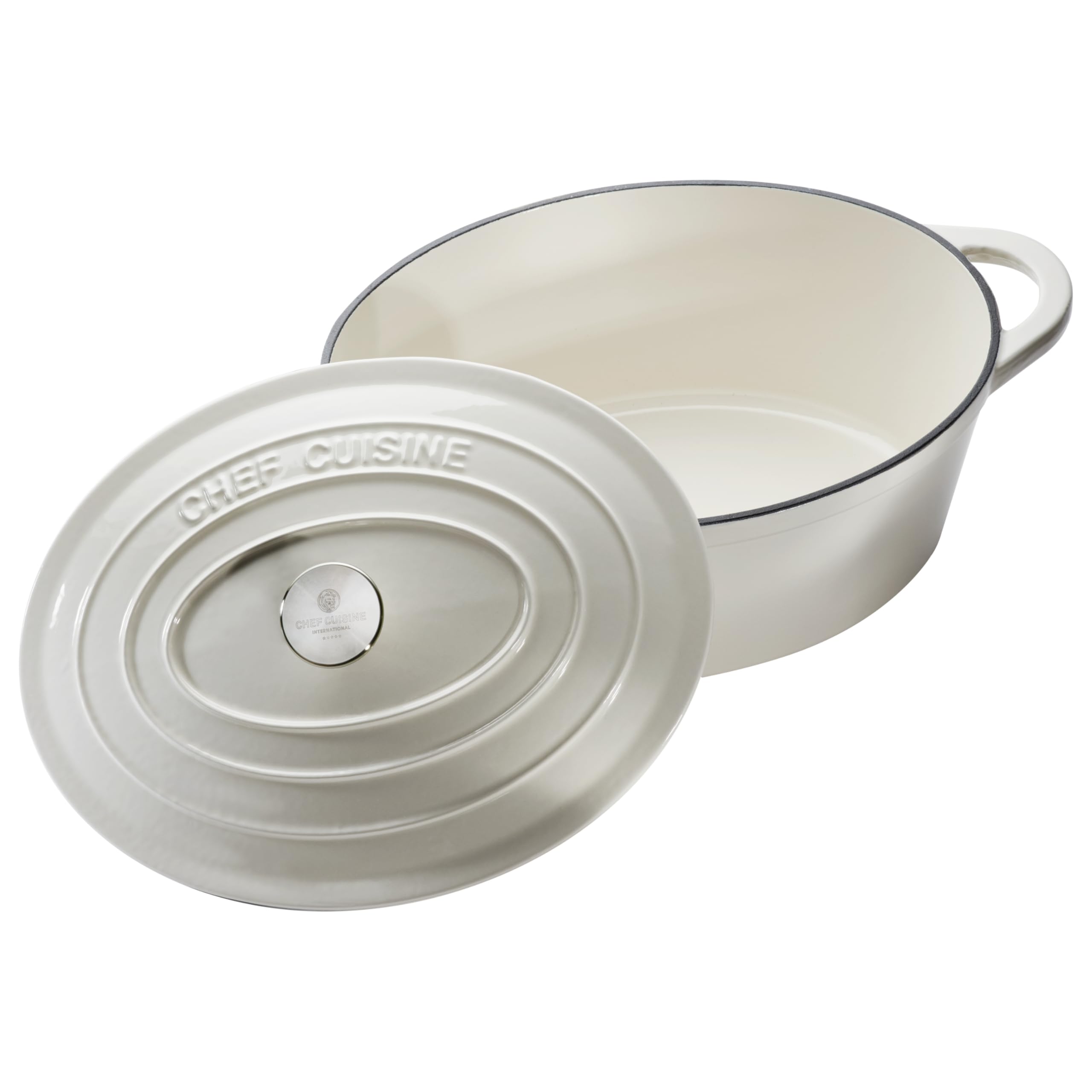 CHEF CUISINE Bräter Gusseisen mit Deckel, Oval groß, 6,7 L, Induktionsgeeignet, Antihafteffekt, geeignet zum Brot backen, inklusive Deckel mit Edelstahl Knopf, Creme