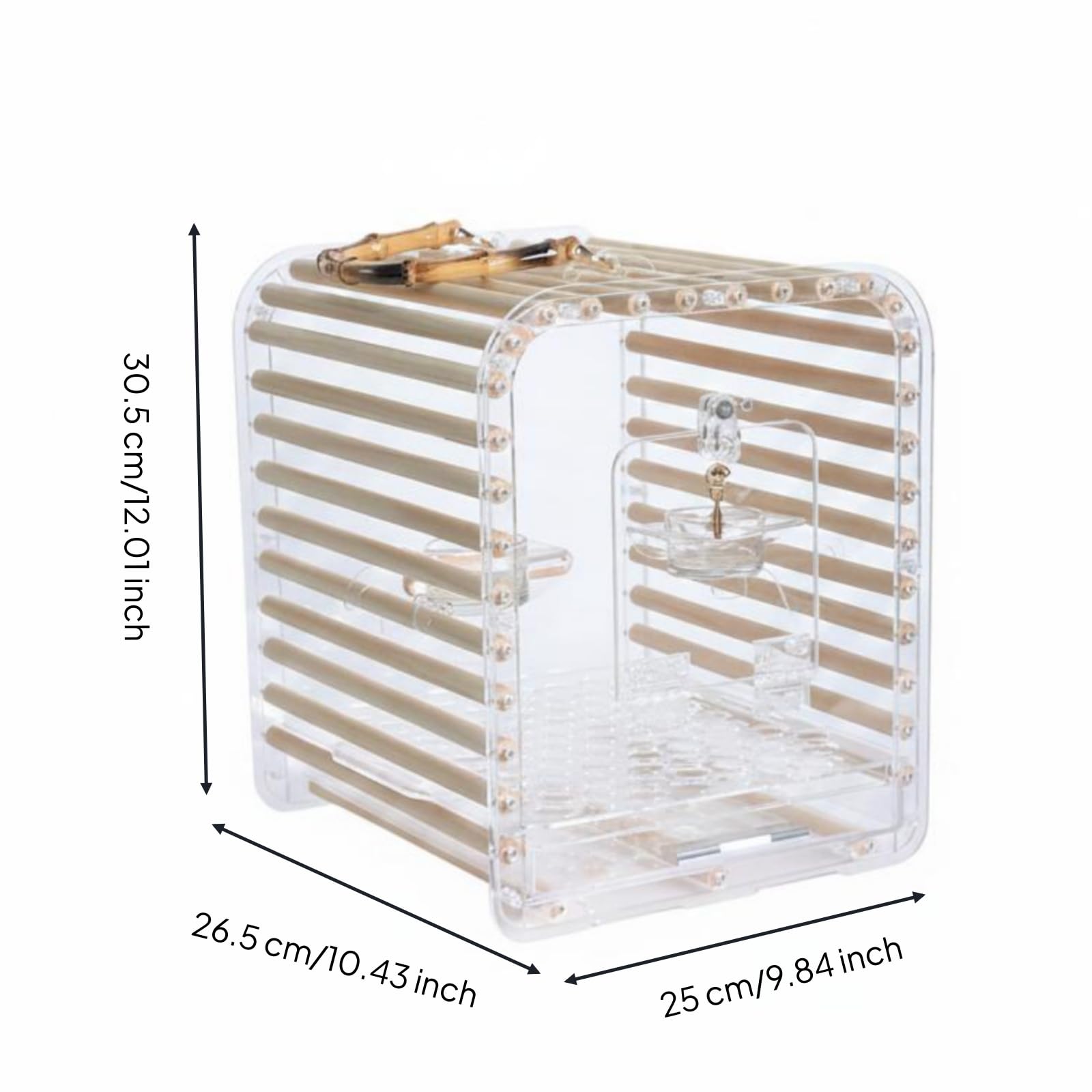 Jaula para Pájaros Portátil Jaula Transportín Aves Caja Acrílica Transparente con Asa de Bambú y Estructura Rígida con, Pequeño, Techo Plano
