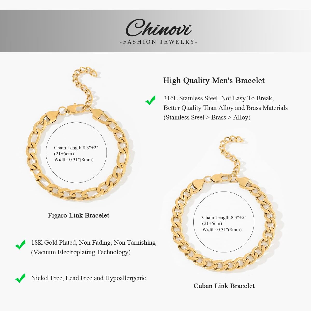 2Pcs Stainless Steel Gold Silver Cuban Link Rope Figaro Bracelet Durable Herringbone Paperclip Chain Bracelet Set for Dad Men - Image 3