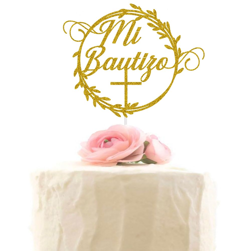 Mi Bautizo Cake Topper, Spanish Bapstim Cake Decor for Baby Shower 1st Birthday Party Decorations, First Holy Communion, God Bless, Gold Glitter