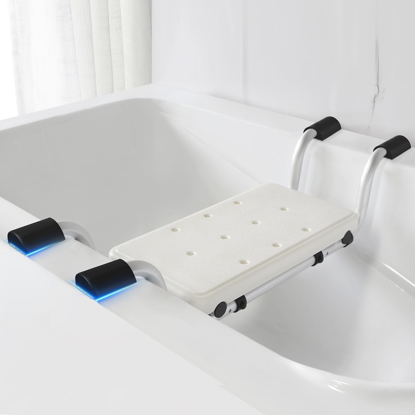Siège de bain pour personnes âgées avec patins plats en silicone antidérapant et tube en aluminium renforcé de 1,5 mm – Planche de baignoire stable jusqu'à 150 kg, réglable de 71 à 81 cm