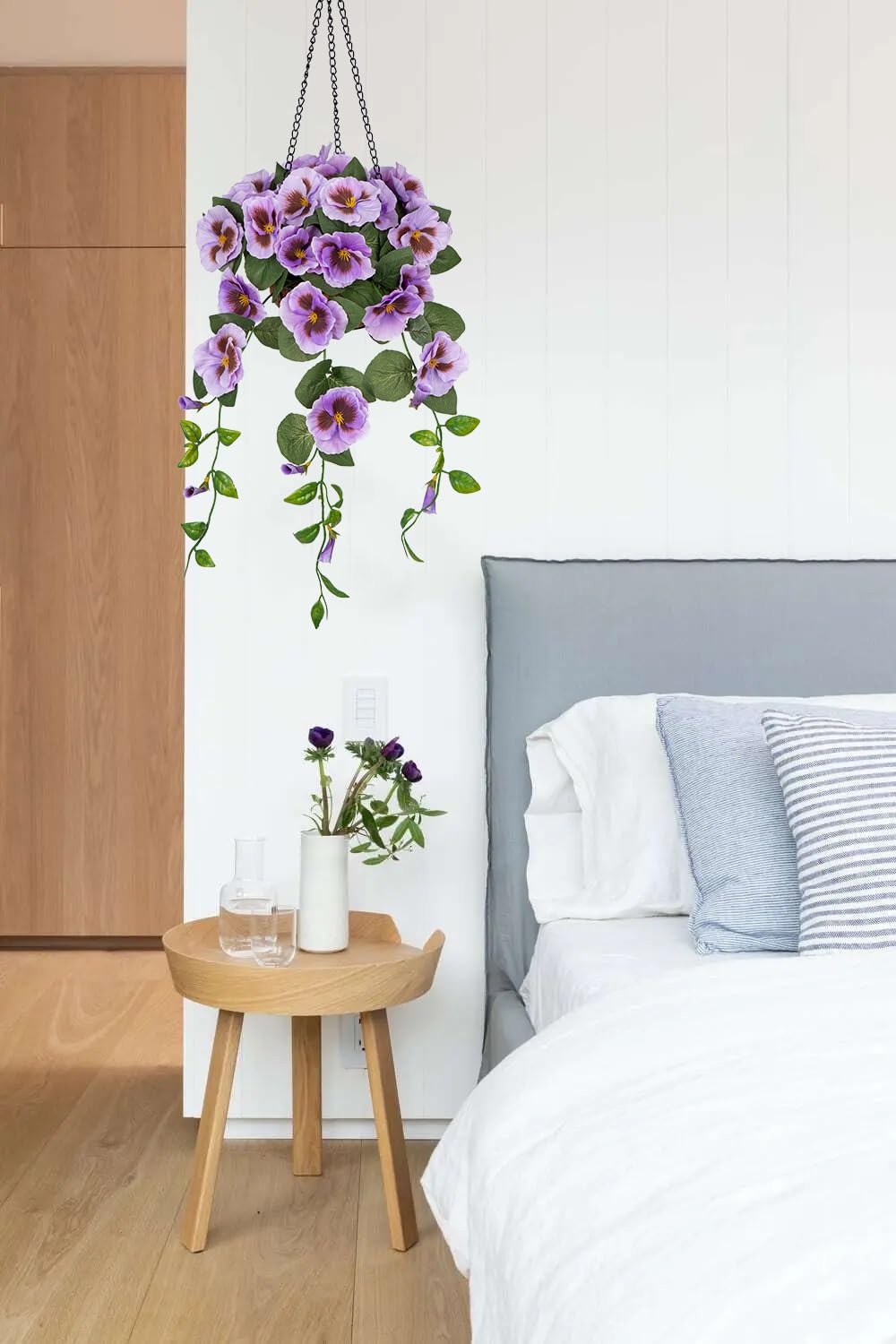 Hollyone 17.7" Hanging Basket Artificial Flowers Outdoor, Silk Pansies Purple Fake Flowers - Image 4