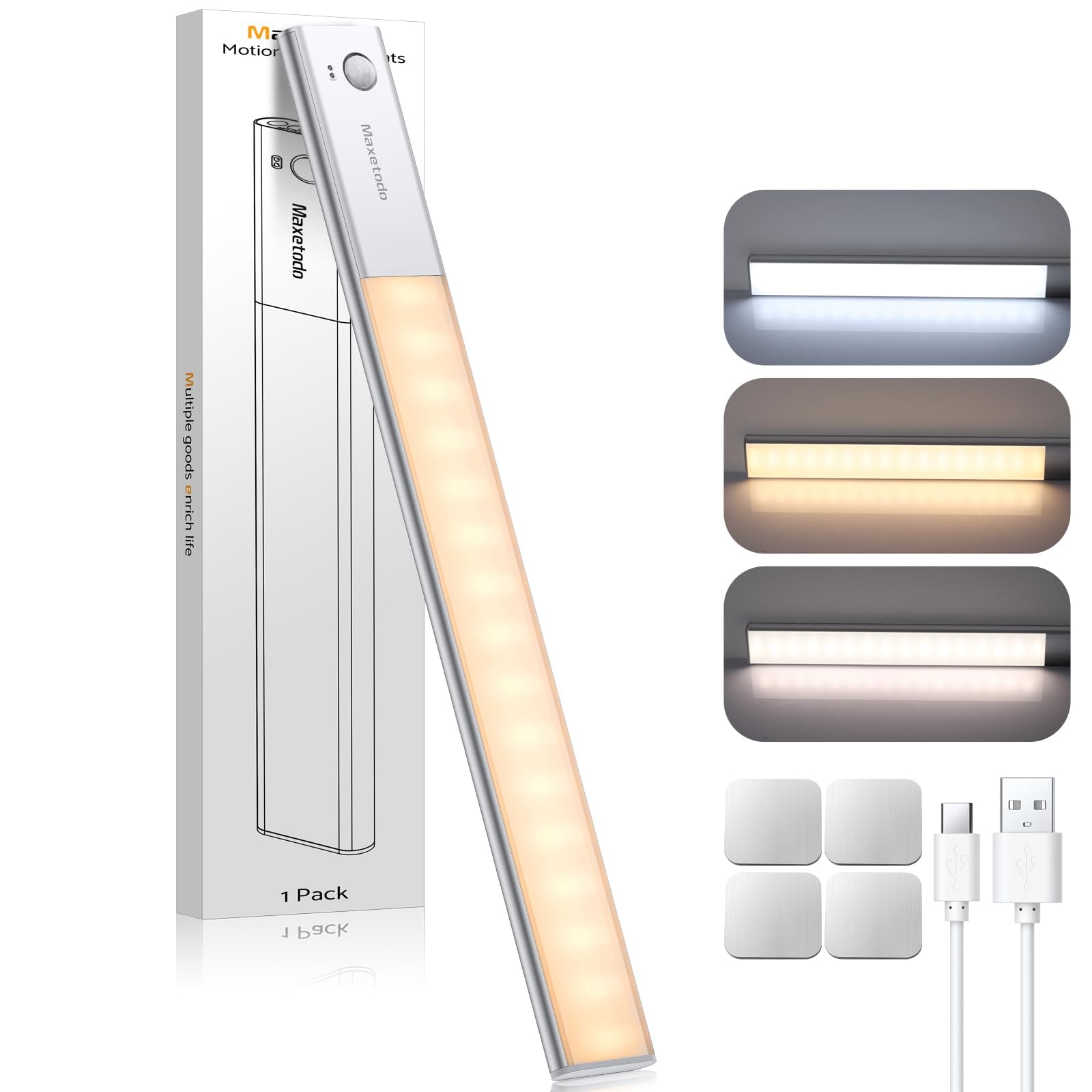 Under-Unit Light Kitchen 64 LED Kitchen Under-Unit Light Cabinet Lighting Cabinet Light with Motion Sensor Indoor 3 Colour Temperatures Type C Rechargeable for Cabinets Wardrobe Stairs