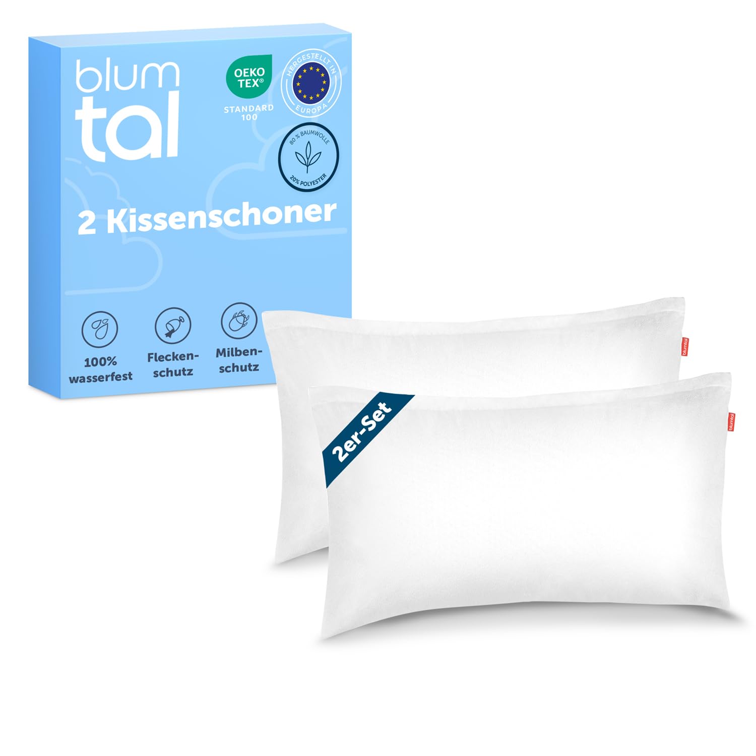 Blumtal Kissenschoner 40x80 cm 2er Set Baumwolle - wasserdichter Kissenbezug 40x80cm - hypoallergener Milbenbezug + Reißverschluss - Flecken- & Milbenschutz - Oeko-TEX zert. Kissenhülle - Milbenbezug