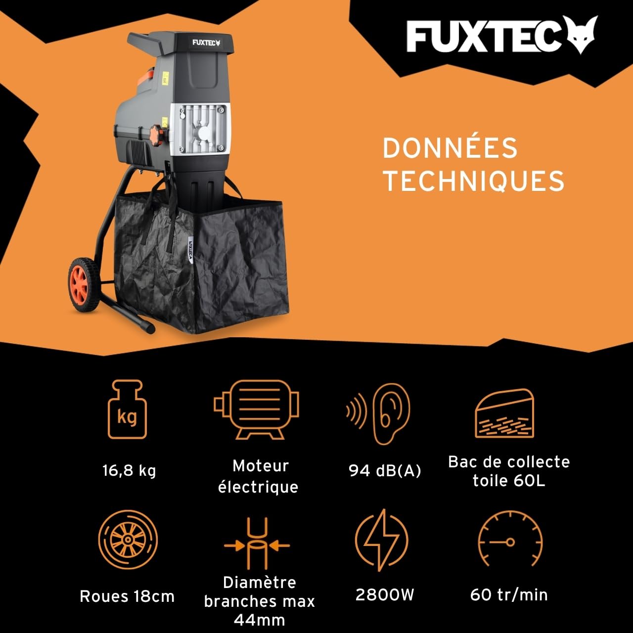 FUXTEC Broyeur de végétaux électrique FX-EGH2800T – 2800W – Système à rouleaux silencieux 92 dB – Branches Ø 44 mm – Sac toile 60 L – Marche arrière – Protection surcharge IPX4