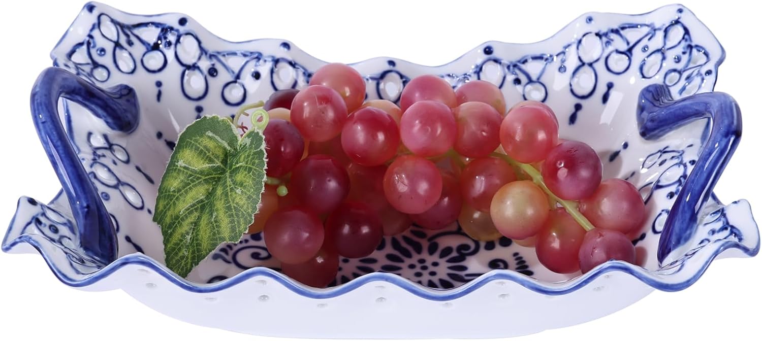 XINGYAN 9.92in Blue and White Ceramic Fruit Bowl with Handles, Chinoiserie Decorative Porcelain Bowl,Serving Bowl for Table Centerpiece, Kitchen Counter Decor (9.92in)