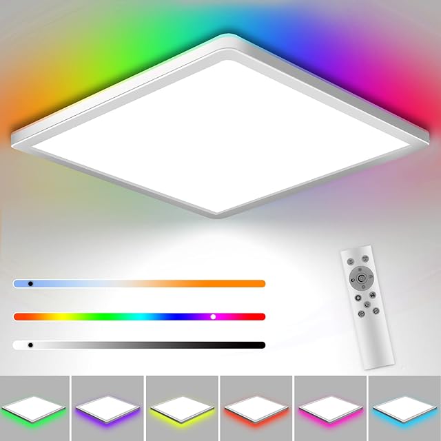 Immver LED Ceiling Light with RGB Backlight, 24W 3200LM 3000K-6000K Dimmable, RGB Chasing, Remote Control, IP54 Waterproof Bathroom Light, Modern Flush Ceiling Light, for Hallway Living Room Bedroom