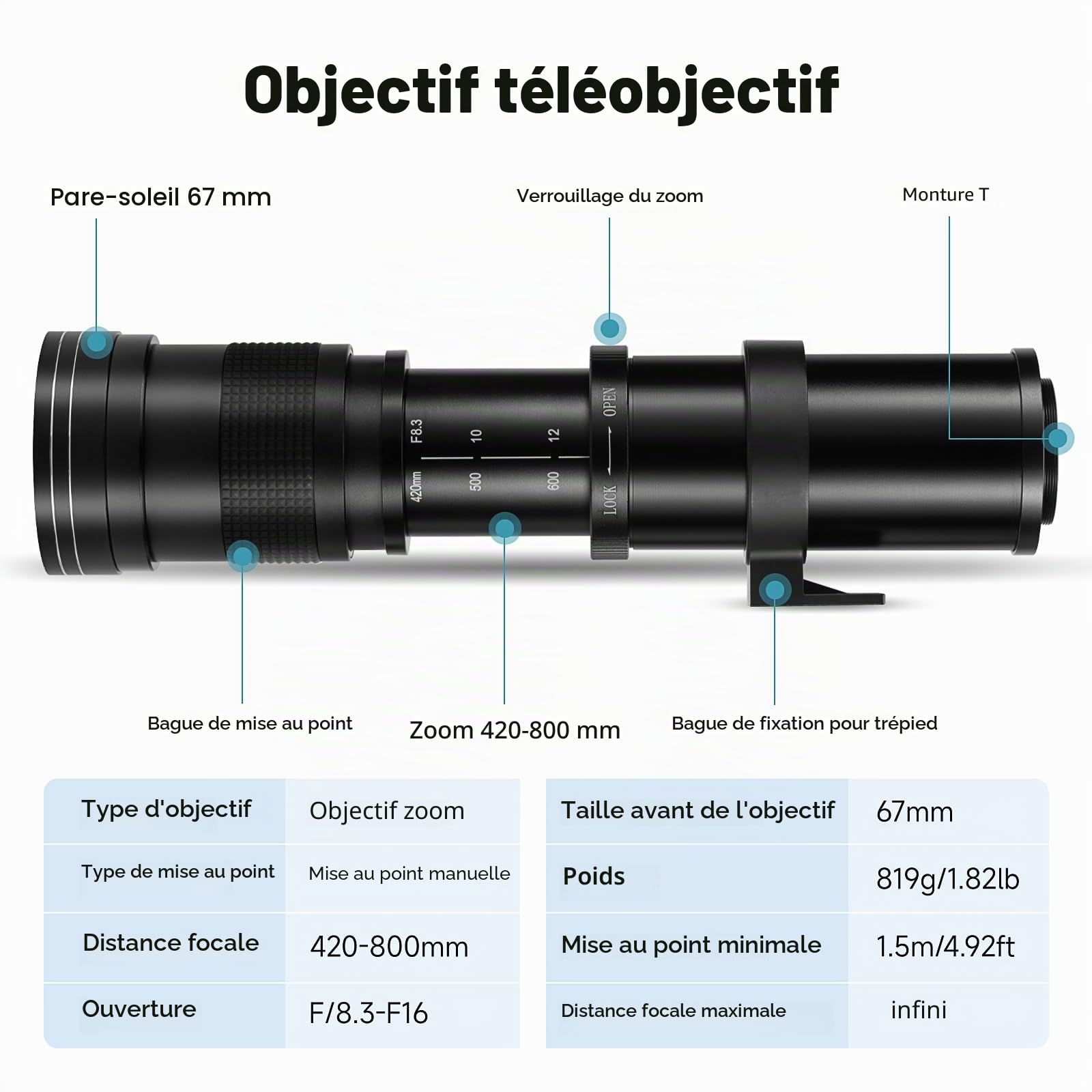 JINTU 420-800mm F8.3 Téléobjectif Zoom Objectif Manuelles EF/EF-S pour Canon T7I T6I 4000D 2000D 80D 90D 5D III 6D 7D II 60D 70D 250D 750D 760D 1200D 1100D 1500D 650D 550D 450D 3000D 6DII/5DIV/IDXIII
