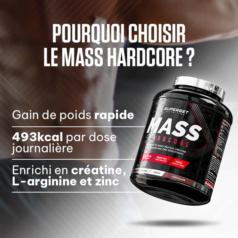 Superset Nutrition | Mass Hardcore (2,25kg) | Gainers | Formule choc : glucide complexe + whey + créatine - Chocolat