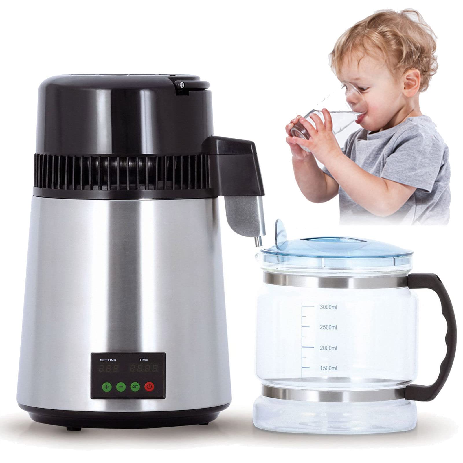 Destilador De Agua Pura, Destilador De Agua 4 L, Filtro De Agua, Acero Inoxidable, MáQuina Destilada con Recipiente de Vidrio Graduado, Visualización de Pantalla Dual,220V