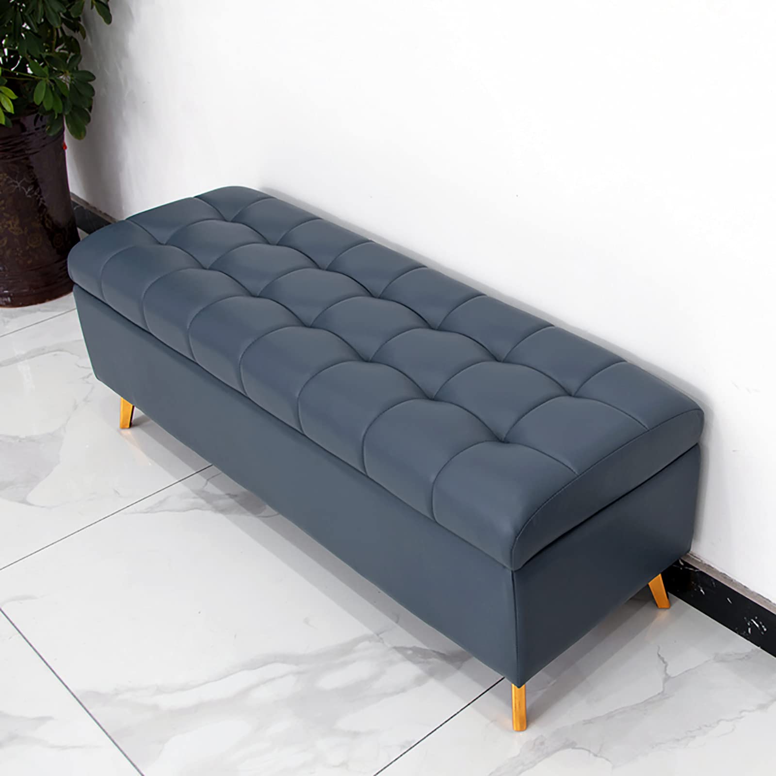 Banc de rangement en similicuir bleu pour chambre et salon