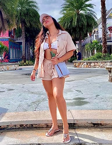 Image of APAFES Women Summer Cotton Linen Short Sets 2 Piece Shorts Top Lounge Beach Vacation Two Piece Outfits Tracksuits