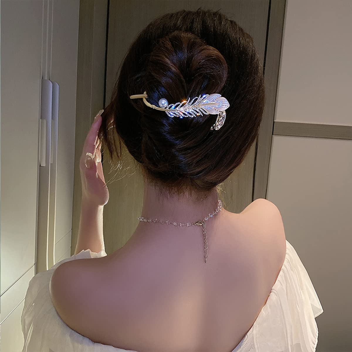 hair stick, French Twist N Clip,Slide Barrettes, Hair Clip,Bun Fixing Hairpins,Diamond Pearl Feather Alloy Twist Clip One-word hairpin Hair Clips Accessories for Women Girls