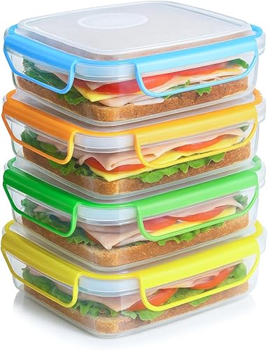 Snap Fresh - Paquete de 4 recipientes para sándwich (15.2 fl oz) - Plástico reutilizable, sin BPA, tapas de cierre a presión y cierre y sello de