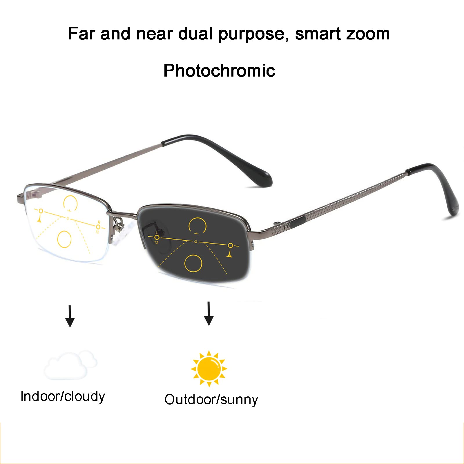 Metall Halbrahmen Lesebrille Progressive multifokale fotochromische Sonnenbrillen Leichte UV-Brille für Leser UV400 Herr,Grau,+2,50