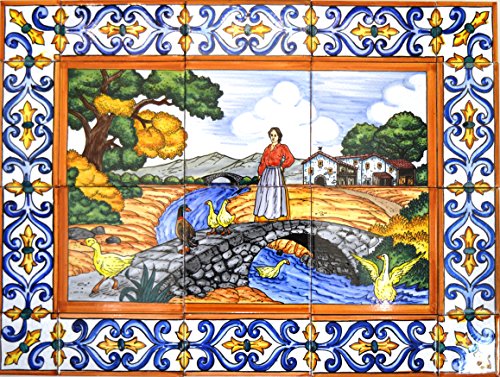 ART ESCUDELLERS Mural Patos/Puente/Rio/Paisaje con Cenefa de cerámica Pintado a Mano. 60 cm x 45 cm.