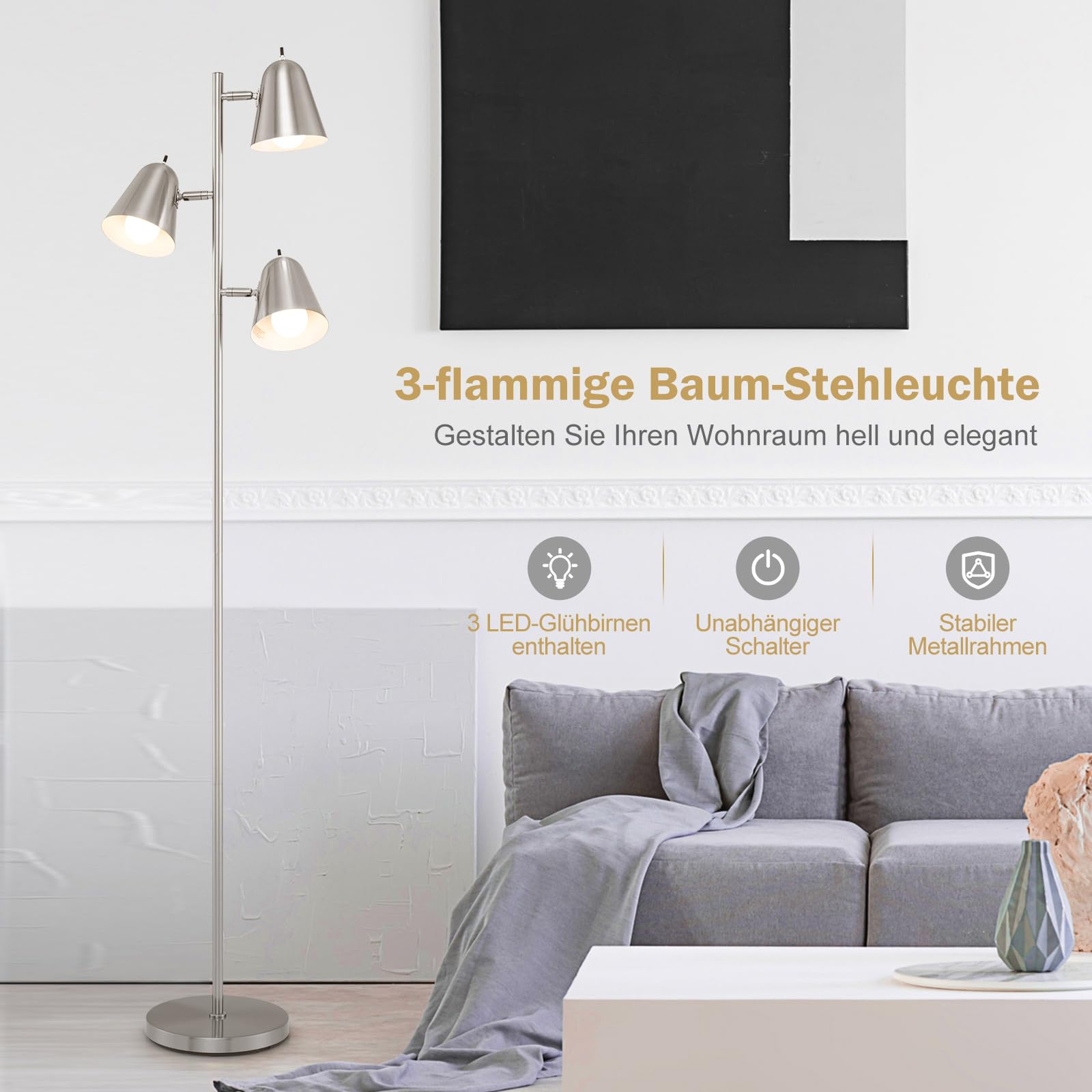 COSTWAY 163cm Stehlampe 3 flammige, Stehleuchte mit 3 E27 Glühbirnen & 360° verstellbaren Lampenschirmen & schwerer Fuß, Lesestehlampe für Wohnzimmer, Schlafzimmer, Büro (Silber)