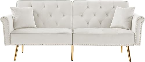 Miniatura 8 de Moderno sofá de terciopelo copetudo con 2 almohadas y ribete de cabeza de clavos, sofá cama convertible tapizado con respaldo ajustable múltiple y