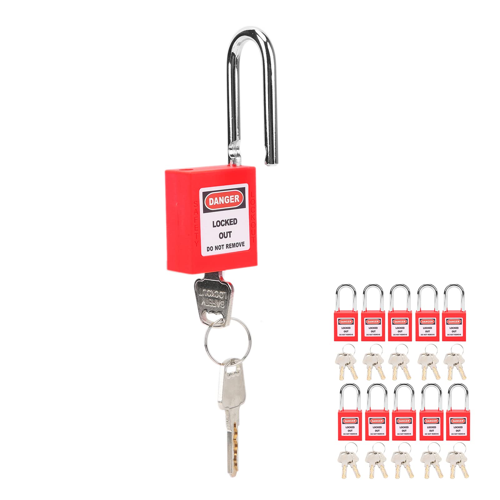 Ejoyous Candado de Bloqueo LOTO, Juego de 10 Candados de Seguridad, 38mm Nailon PA No Conductor Reforzado con Ingeniería, Grillete de 6mm con Etiqueta Escribible para Petróleo Químico Gas (rojo)