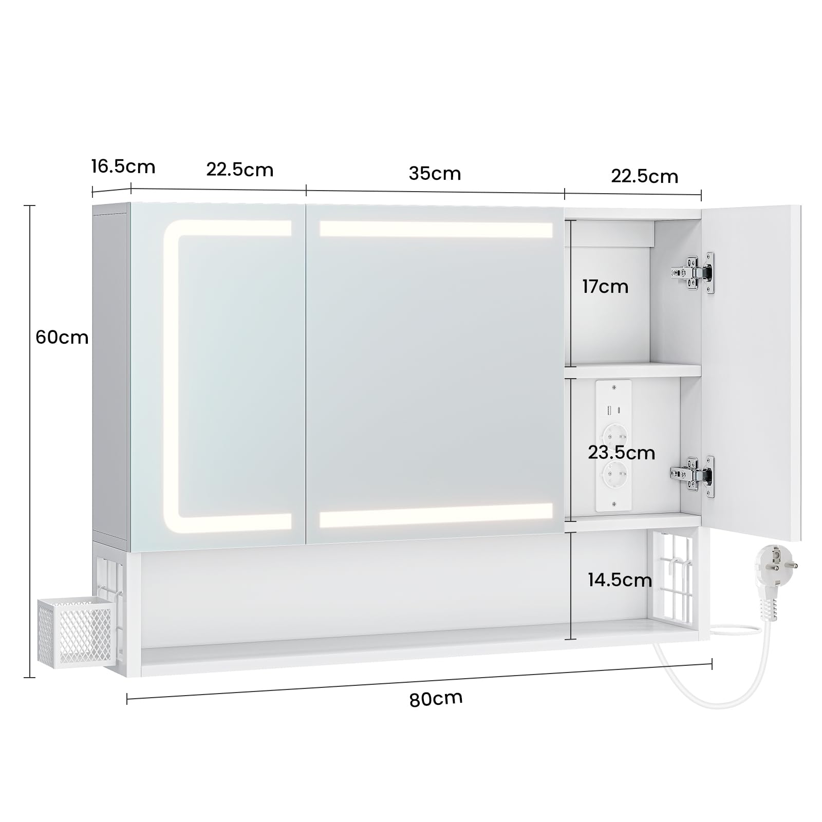Badezimmer Spiegelschrank mit LED-Beleuchtung & Steckdose, Badezimmerschrank mit 3 Türen & Verstellbarer Ablage, Spiegelschrank Bad mit HD-Spiegel, Berührung Sensorschalter, 80×16×60 CM, Weiß