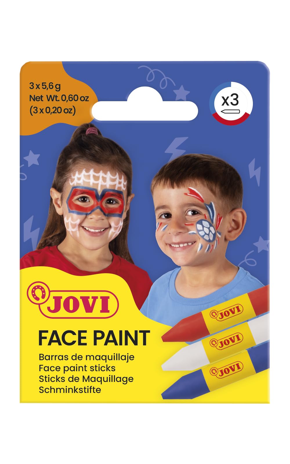 Jovi - 3 Barras de maquillaje facial Adventure, colores rojo, blanco y azul, para carnaval o halloween, hipoalergénico (175AD)