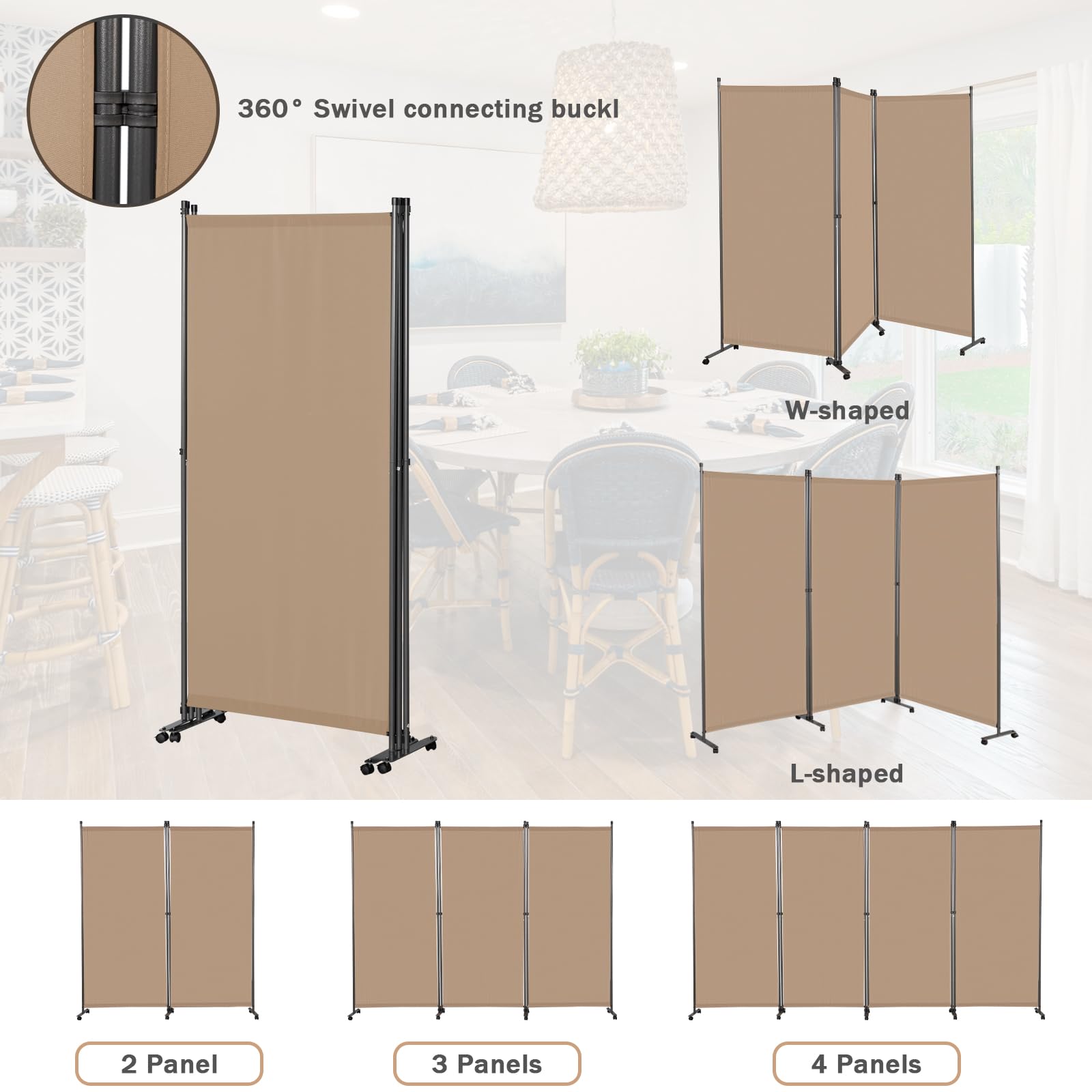 Angel Living Paravent sur roulettes, 3 Panneaux Diviseurs de Chambre Séparateur de Panneaux Indépendant Paroi de Séparation Murale Séparation Visuelle pour Bureaux, 243 x 180 cm (Beige Moka)