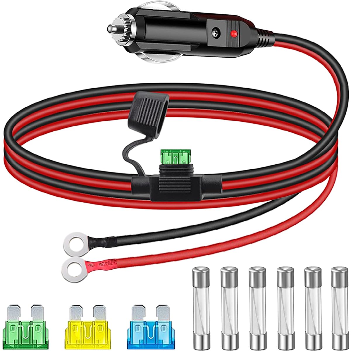 Presa accendisigari resistente Cavo adattatore accendisigari maschio 12 AWG a O-ring con scatola dei fusibili e spia LED per convertitore auto pompa aria barca(1m/3ft)