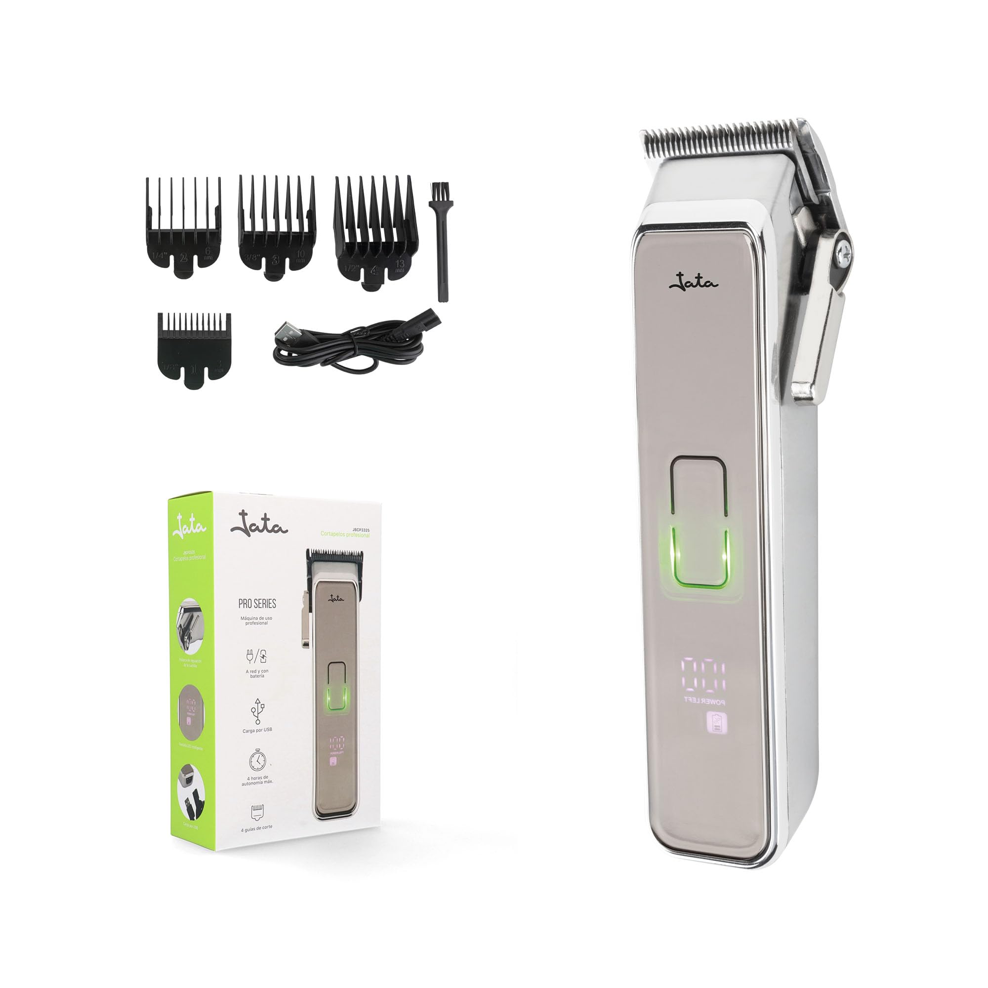 JATA JBCP3325 - Máquina Cortar Pelo y Máquina de Afeitar Hombre con 4 guías de corte de 3 a 13 mm. Uso con y sin cable. 3 velocidades. Incluye accesorios. Hasta 4 horas de autonomía