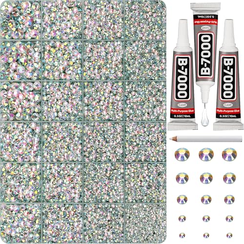 33000Pcs Crystal AB Iridescent Rhinestones for Bedazzling Bedazzler Kit with Flatback Craft Rhinestones AB Crystal Bulk and B7000 Glue 2 3 4 5 6mm Resin Flat Back Jewels for Craftings Clothes Nails