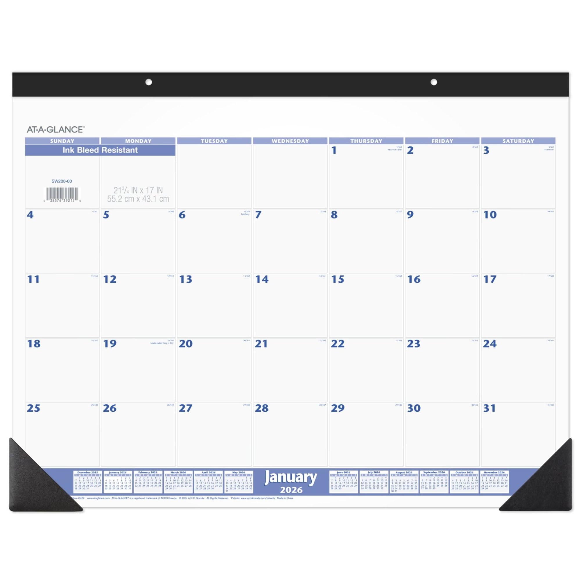 AT-A-GLANCE® 2026 Monthly Desk Pad Calendar, Blue and Gray, Standard, 21 3/4" x 17"