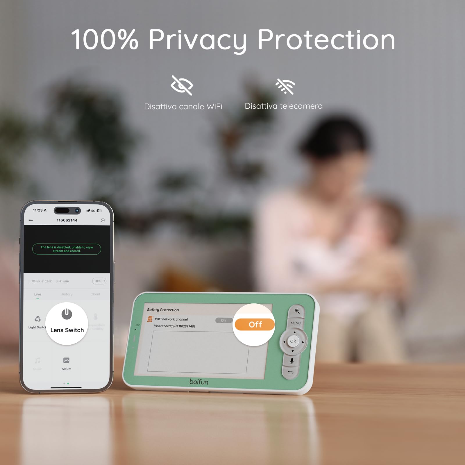 BOIFUN 2K Baby Monitor WiFi 360° con Luci Notturne, Display LCD 5" 3MP, Auto Tracking, Rilevamento Movimento e Suono IA