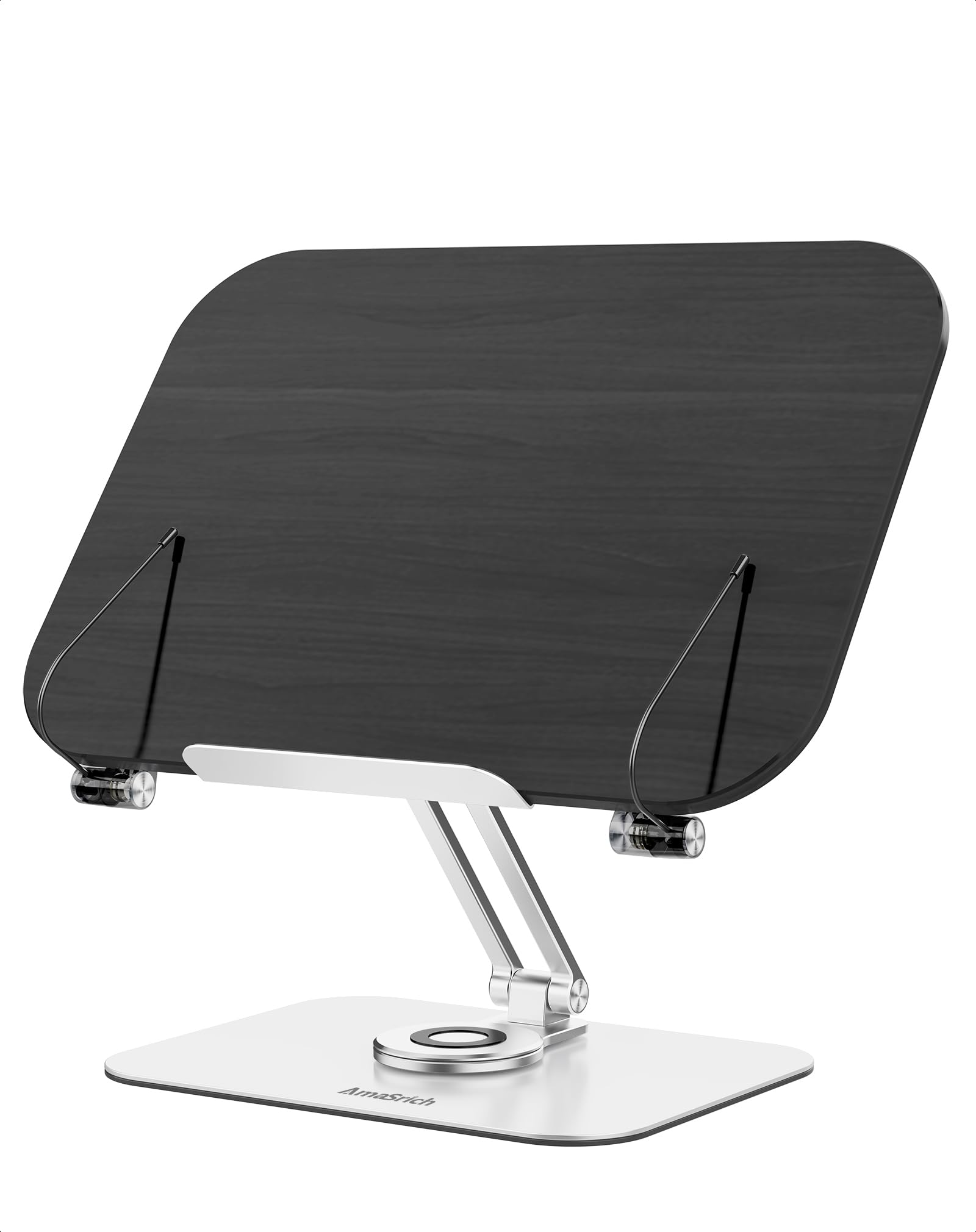 Amasrich Book Holder Stand for Reading Hands Free, Adjustable Cookbook Large Document Holders for Desk with 360° Rotating Base & Page Clips, Foldable Desktop Ricer for Kids,Computer,Recipe,Textbook
