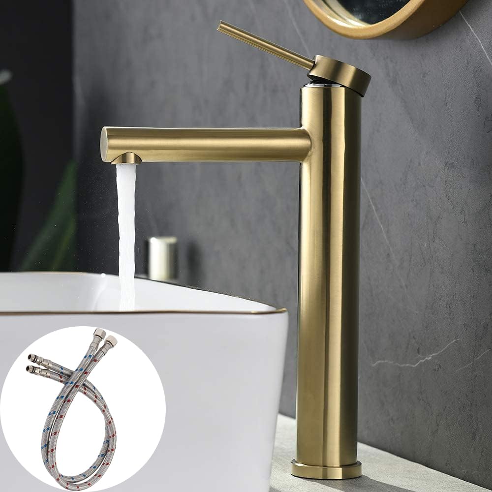 Friho Vessel Sink Faucet Gold, Modern Single Handle Tall Bathroom Faucet with Ceramic Disc Cartridge with Water Supply Line, 12'' Overall Height
