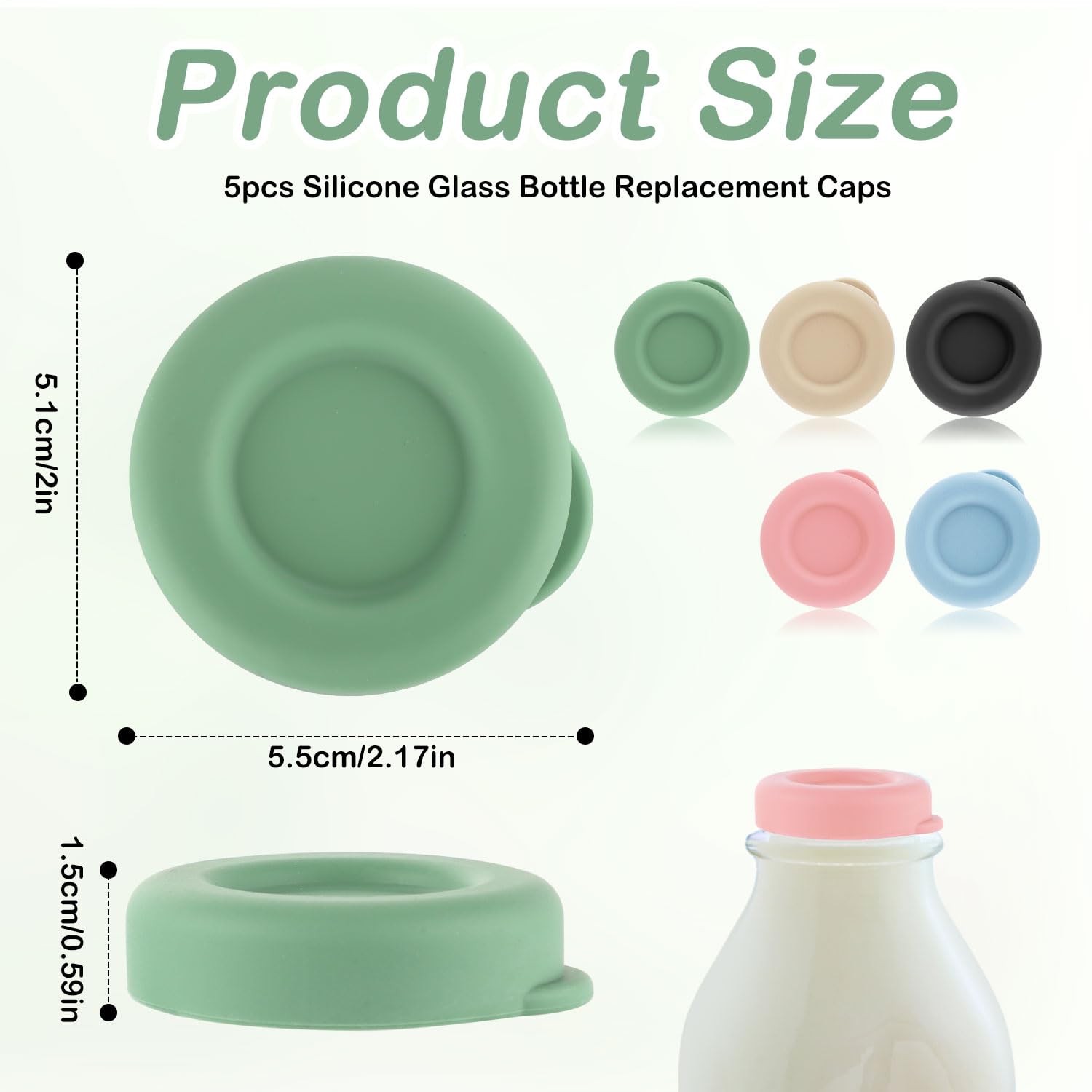 5pcs Silicone Glass Bottle Replacement Caps, Replaceable 48mm Diameter Reusable Bottle Lids Airtight Bottle Caps for Stanpac & Libbey & The Dairy Shoppe & Stock Your Home Milk Glass Bottles