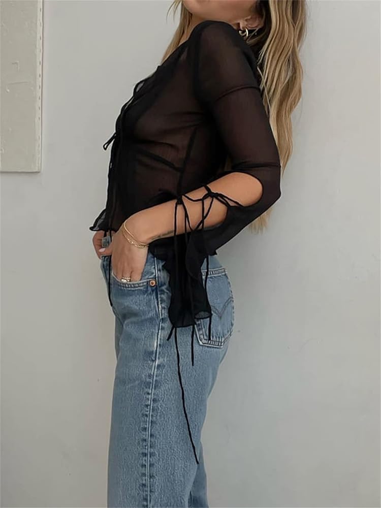 【mnem】Frill mesh see-through tee Women Sheer Mesh Ruffle Crop Top Y2K Long Sleeve Tie Front