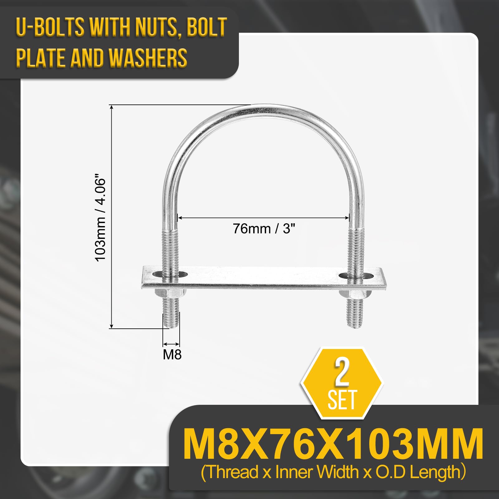 DTGN M8x76x103mm U Bolts Round Kit, 2Set, 304 Stainless Steel U-Bolt Kit with Nuts, Washers, Frame Plate - Image 2