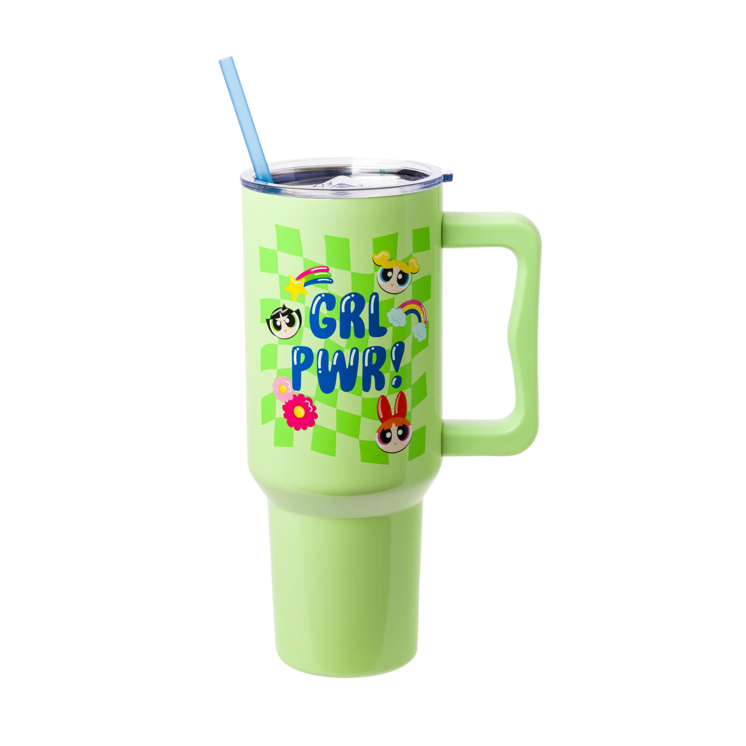Silver Buffalo Powerpuff Girls Girl Power Groovy Retro Featuring Blossom, Bubbles, and Buttercup Double Walled Stainless Steel Tumbler with Handle and Straw, Fits in Standard Cup Holder, 40 Ounces