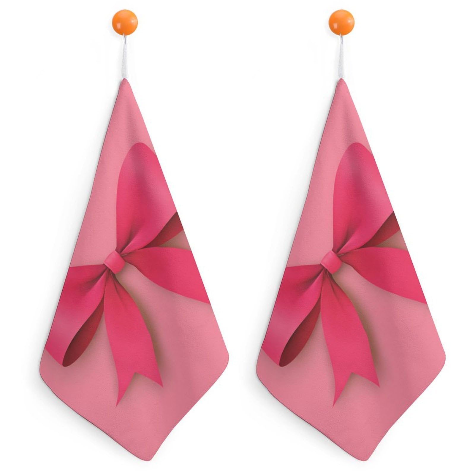 Jubonexis Pink Ribbon Bow Flat Style Small Hand Towel with Hanging Loop 2 PCS Absorbent Soft Wash Cloth for Kitchen Bathroom